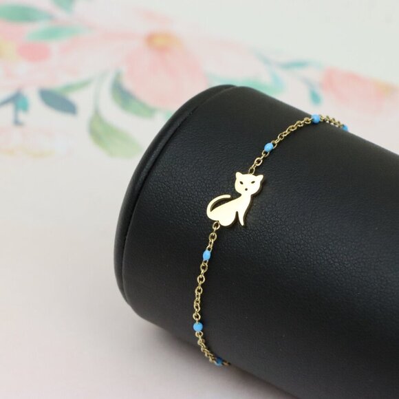 Chic Yellow Gold Cat Bracelet with Blue Beads, XPBL0622 - Picture 8 of 12